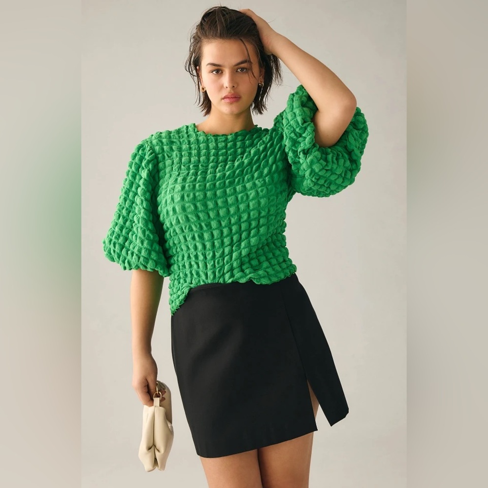 XS Eri + Ali Green Textured Puff Top
